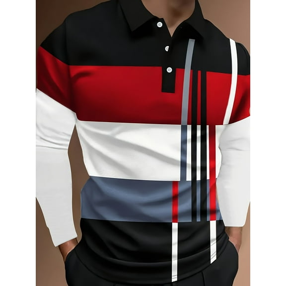 Mens Long Sleeve Polo Shirts Button Casual Tee Collared Work Pullover Shirts Multicolor L