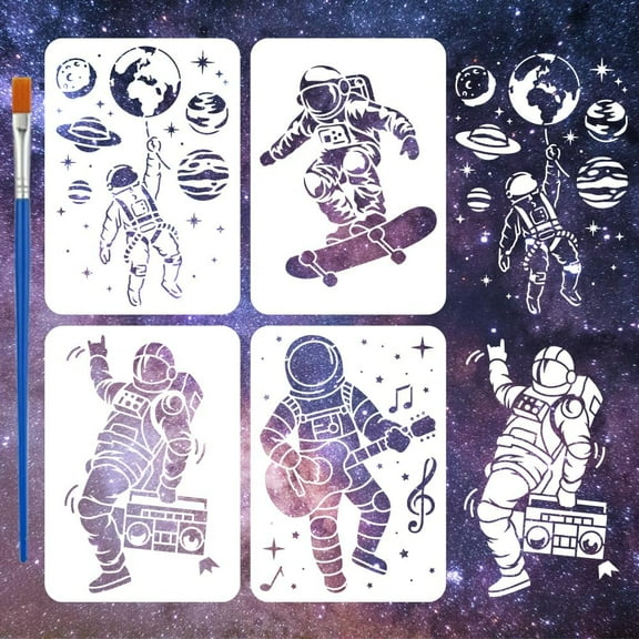 4 PCS Astronaut Stencils with 1Pc Plastic Paint Brush 8.3x11.7inch Spaceman Stencil Planet Template Science Fiction Theme Template for Painting on Wood Canvas Fabric Wall Furniture