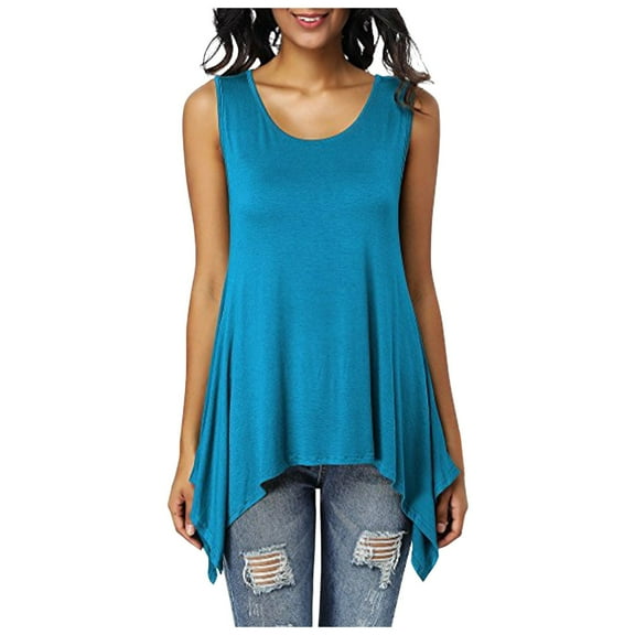 BYHONG Women T Shirts Tops Blouses Tops Tunic Long Shirt Long Basic Backless Sleeveless Asimetric Cotton Summer Everyday Casual Loose Womens Vest Blue XXXL