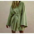 thumbnail image 2 of Kimono Cardigan Col en V pour Femmes Mini Robe Coton Lin Manches Longues Ceintures Robes Style Robe Lacets Vestidos Amples, 2 of 13