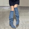 thumbnail image 4 of Women Washed Denim Boots Pointed Toe Slip On Slouch Boots Stiletto Heel Knee High Boots, 4 of 9