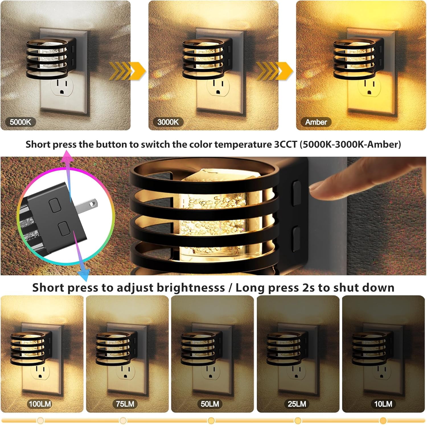 RGHJAR-LED Night Light, [2 Pack] Bubble Night Lights Plug into Wall, Dimmable Nightlight with Dusk to Dawn Sensor, Amber/3000K/5000K & 5 Brightness Levels, for Bedroom Bathroom Hallway