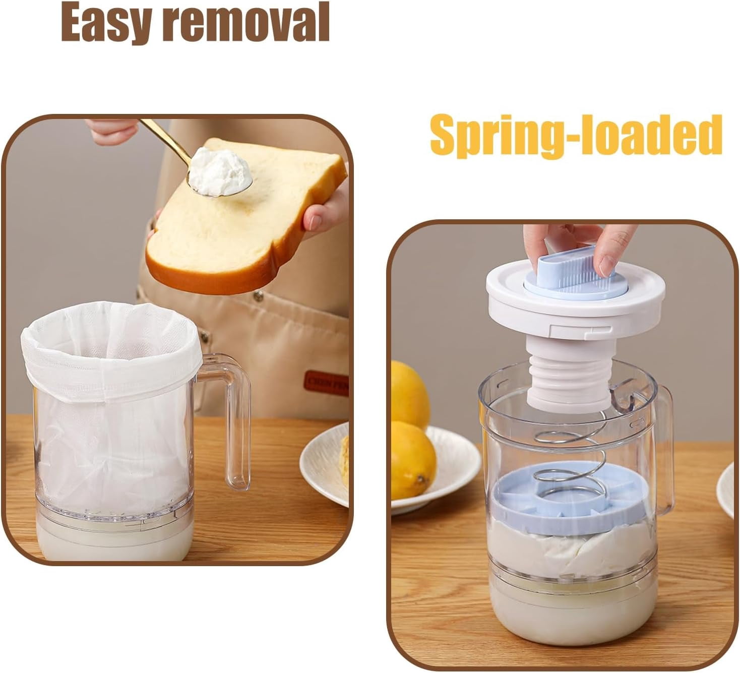 Greek Yogurt Strainer with Spring-Loaded Press, Ultra-Fine Mesh Bags  Adjustable Twist Knob Whey Separator, BPA-Free Yogurt Filter Jar, Holds 450 g Yogurt, 270 ml Whey Collector