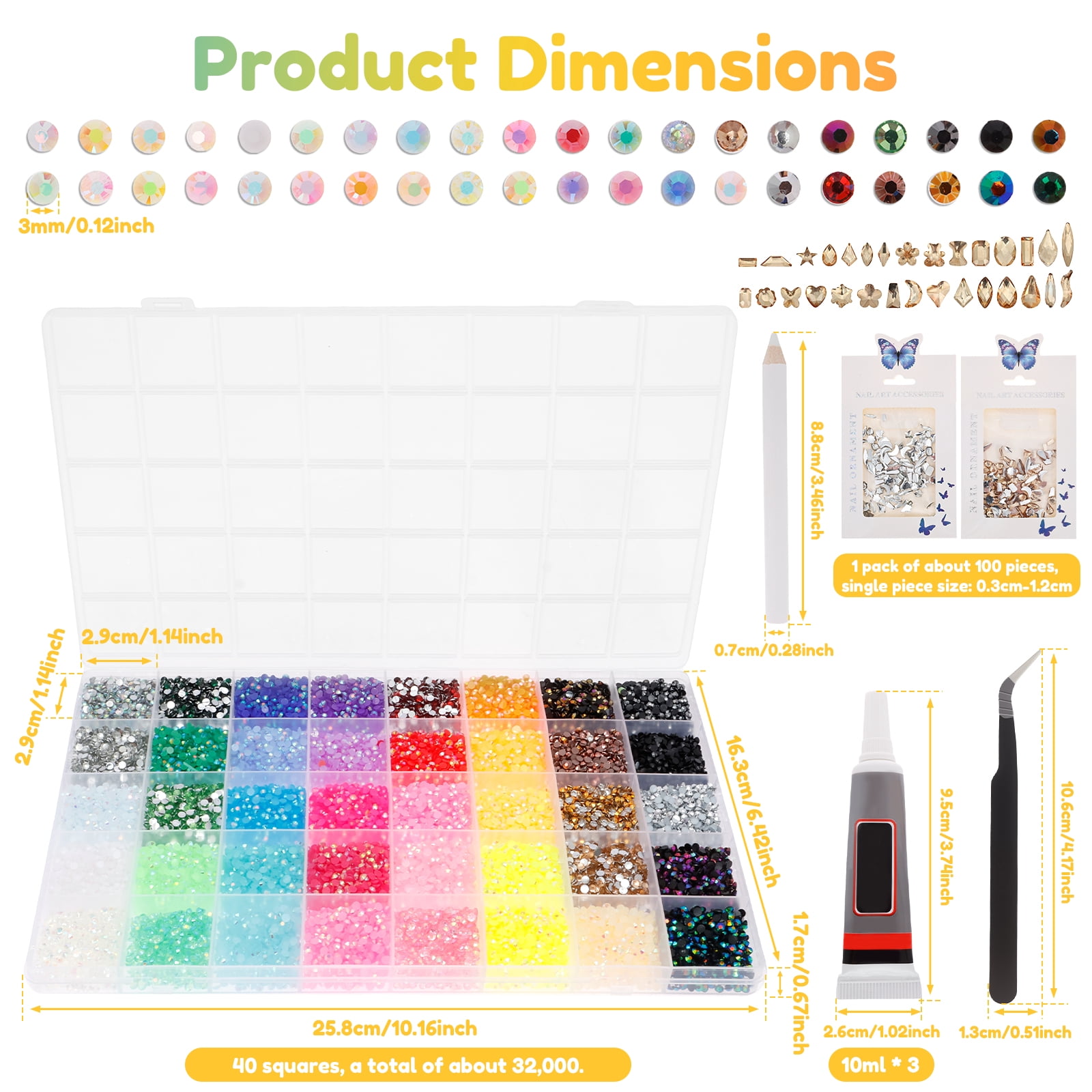 32000Pcs Resin Rhinestones with B7000 Jewelry Glue for Bedazzling Crafting, Rainbow Crystals Flat Back Gems with Craft Adhesive for DIY Graduation Cap Clothes Tumblers Shoes Nails and Face