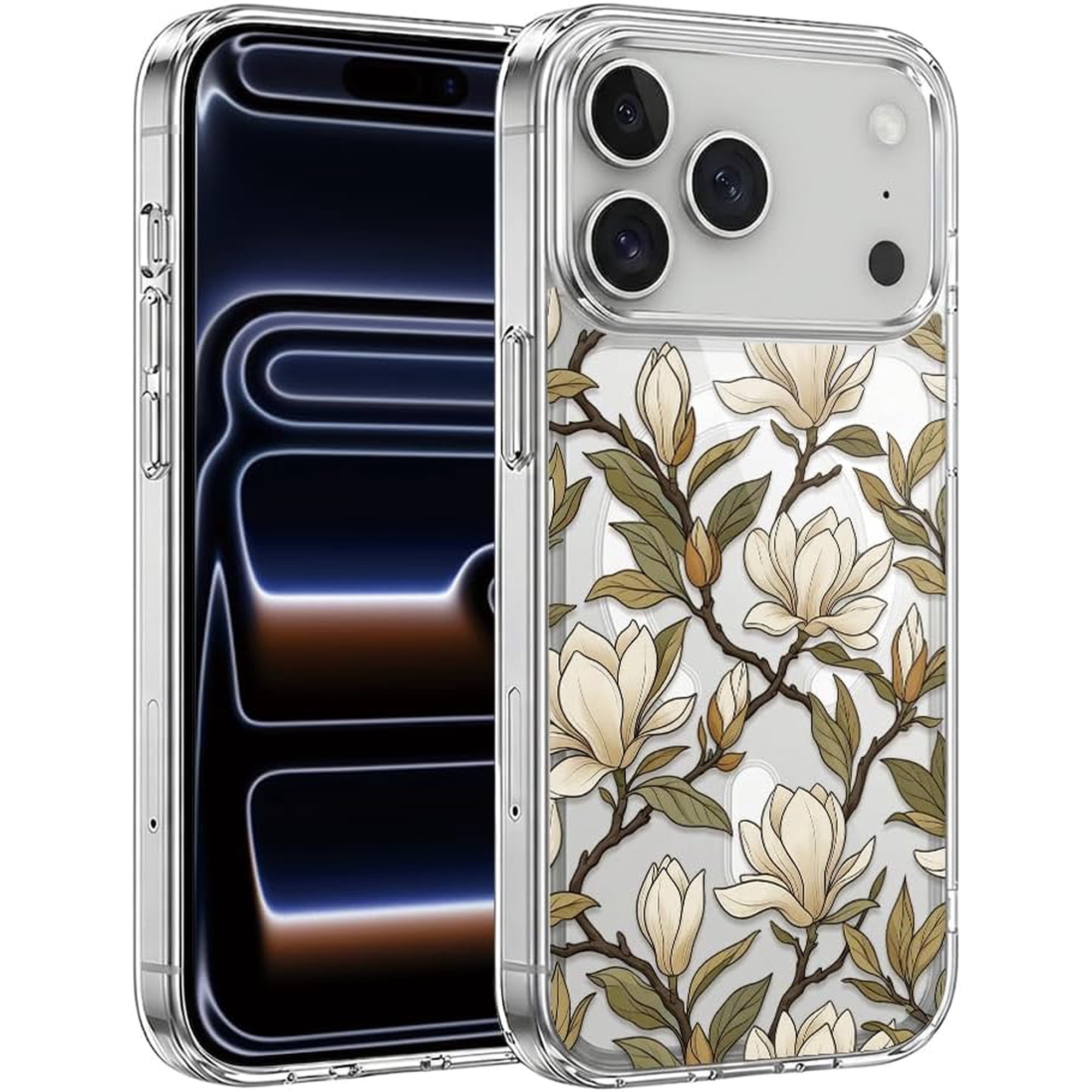 Compatible with iPhone 13 Case Floral Phone Case Slim Thin Soft Protective Cover White Magnolia Flower Vintage Botanical Blossom Garden Leaf Graphic Shell for Women Girls