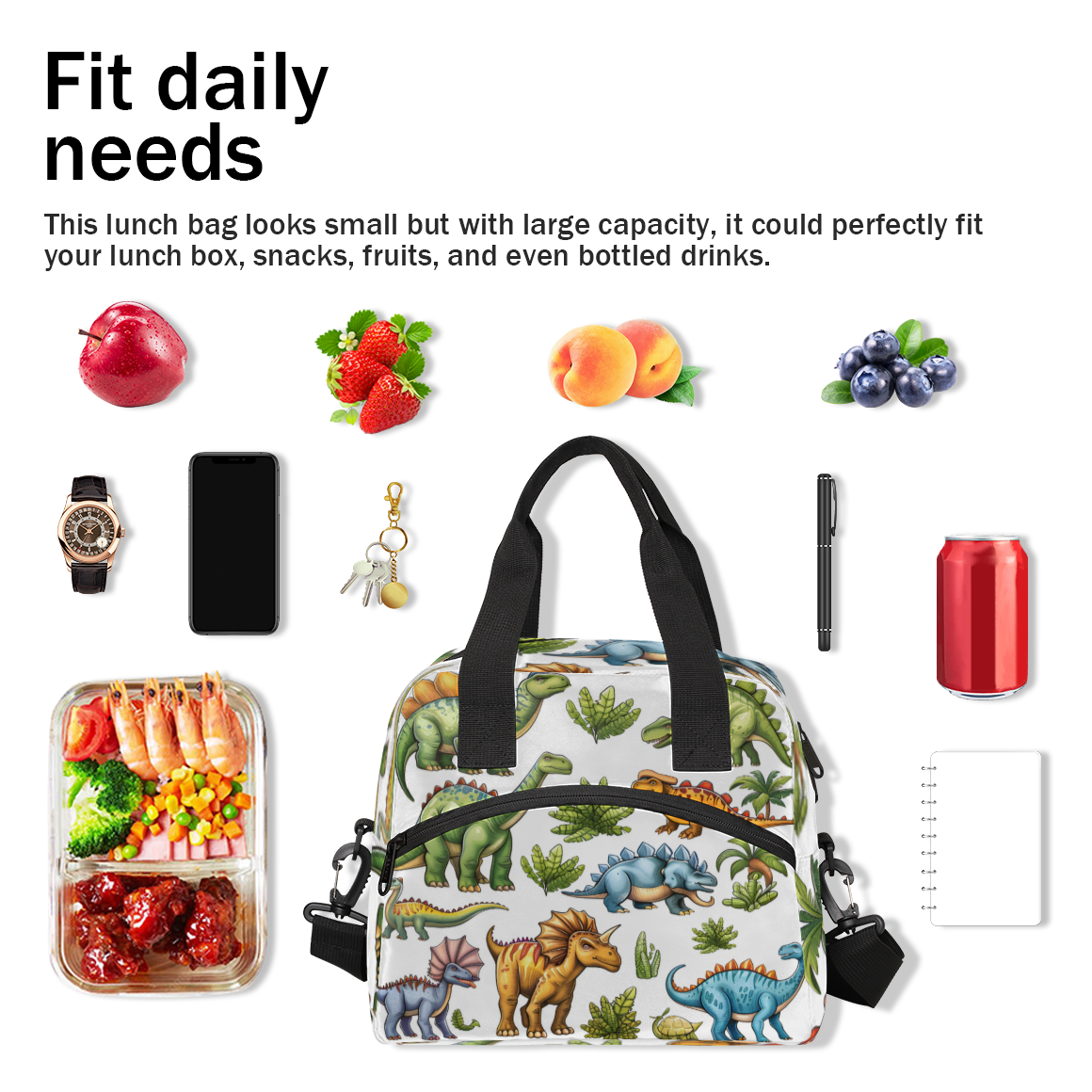 Herdesigns Dinosaur Insulated Lunch Bag for Women Men Adults Large Reusable Lunch Box Dinosaur Theme Leakproof Cooler Tote Bags with Adjustable Shoulder Strap
