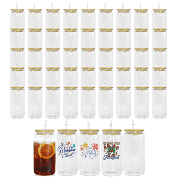 AGH 25 Pack Sublimation Glass Blanks Clear Cans, 16 OZ Sublimation Tumblers Beer Drinking Cups with Wooden Lid & Plastic Straw, Coffee Cup, Iced Coffee Glasses for Juice, Soda, DIY Gift