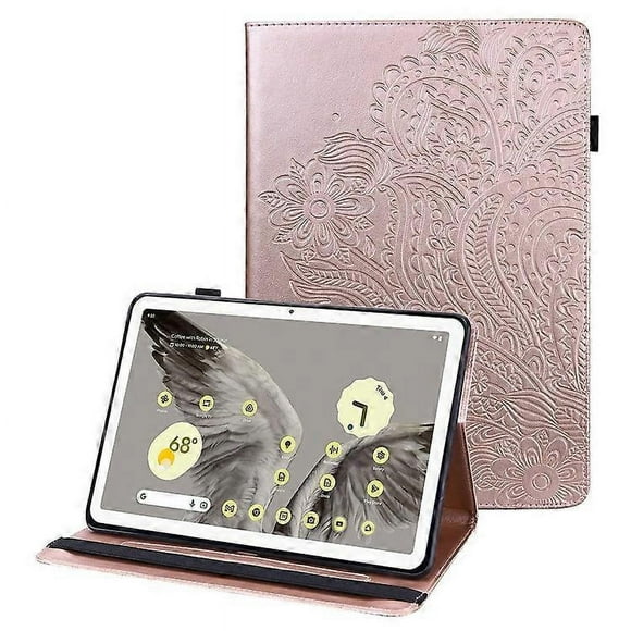 Compatible For Google Pixel Tablet PU Leather Tablet Case Card Holder Pattern Imprinted Protective Cover with Stand PinkGold
