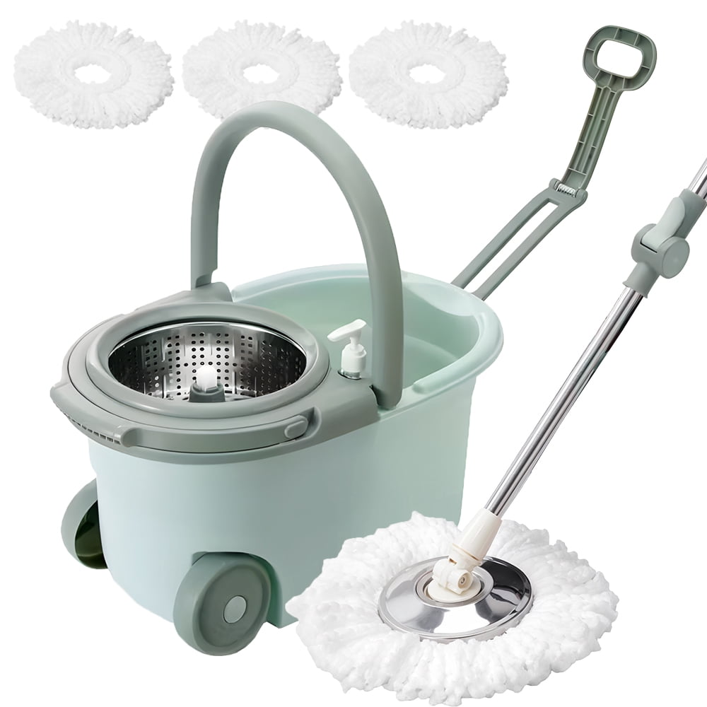 Spin Mop And Bucket System – Stainless Steel Wringer, 61" Telescoping Handle, Includes 3 Microfiber Refills (Green)