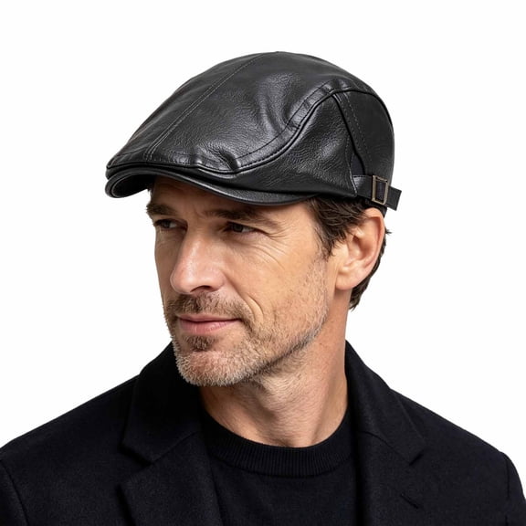 BELTNOV Men's Leather Flat Cap Vintage Ivy Newsboy Driving Hat Adjustable Faux Leather Golf Cabbie Hat for Fall Black