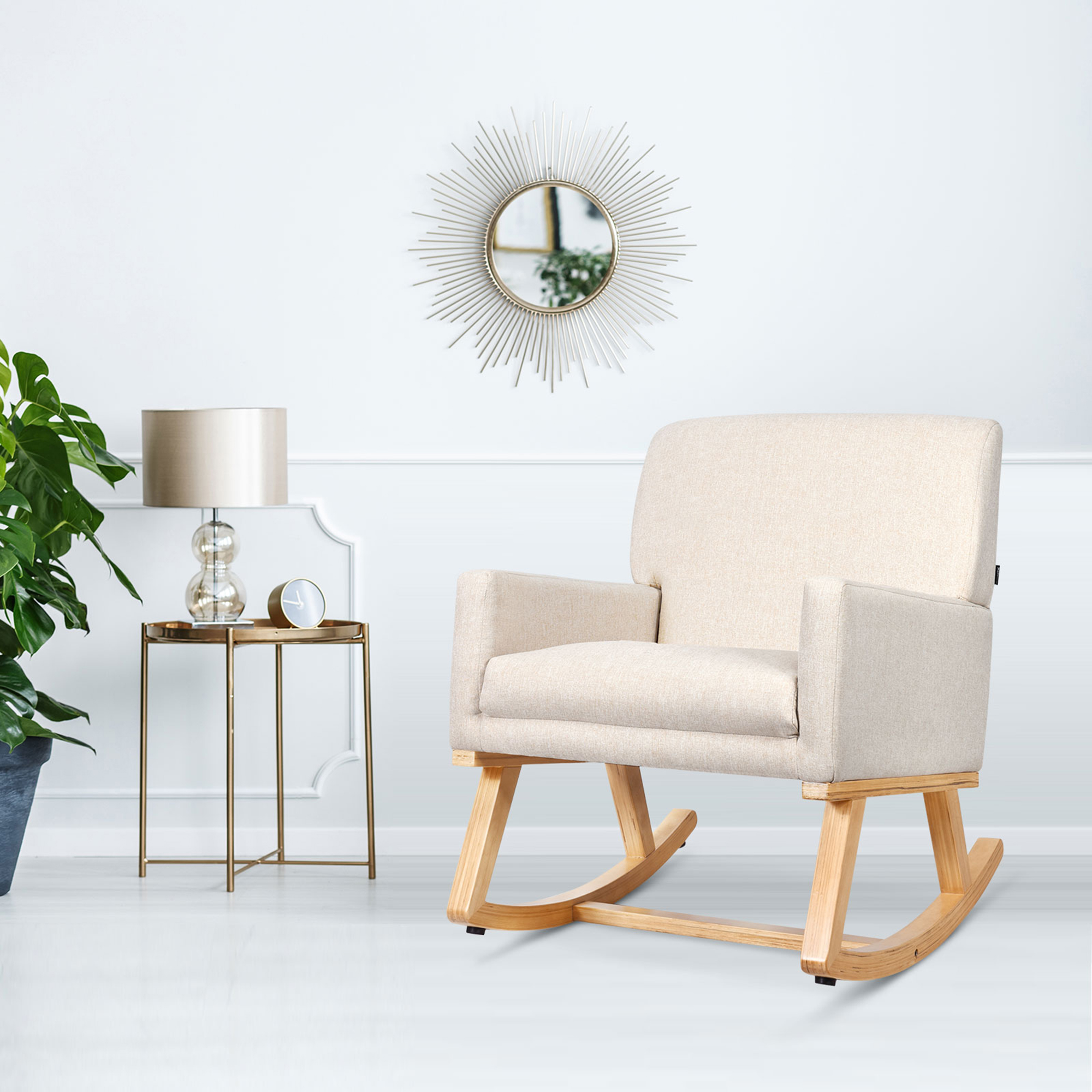 Gymax Mid Century Fabric Rocking Chair Upholstered Accent Armchair Lounge Chair Beige