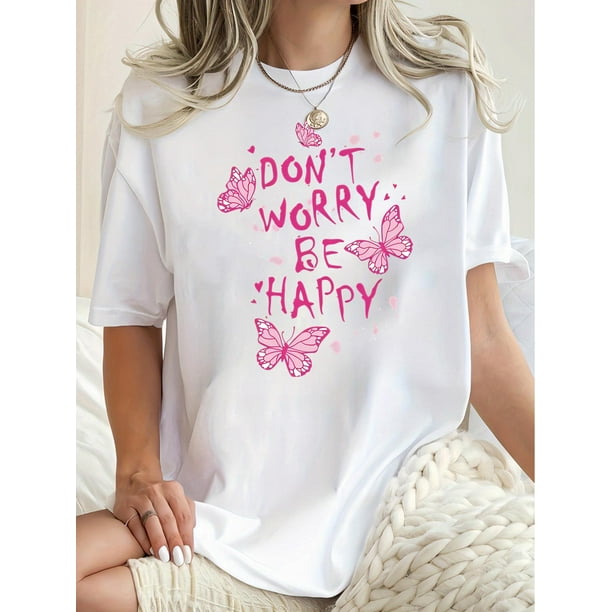 1pc Women'S Casual Crew Neck T-Shirt with Pink Butterfly Print - Polyester Knit Fabric, Medium Stretch, Animal Pattern, All-Season Comfort Fit