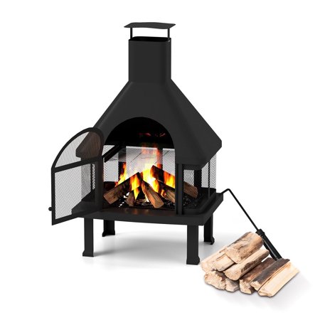 LUCKYERMORE 2-in-1 Wood Burning Fireplace with Grill, Metal Fire Pits with Chimney, Charcoal Grate, and Fire Hook for Gatherings on Deck, Patio, or in Backyard