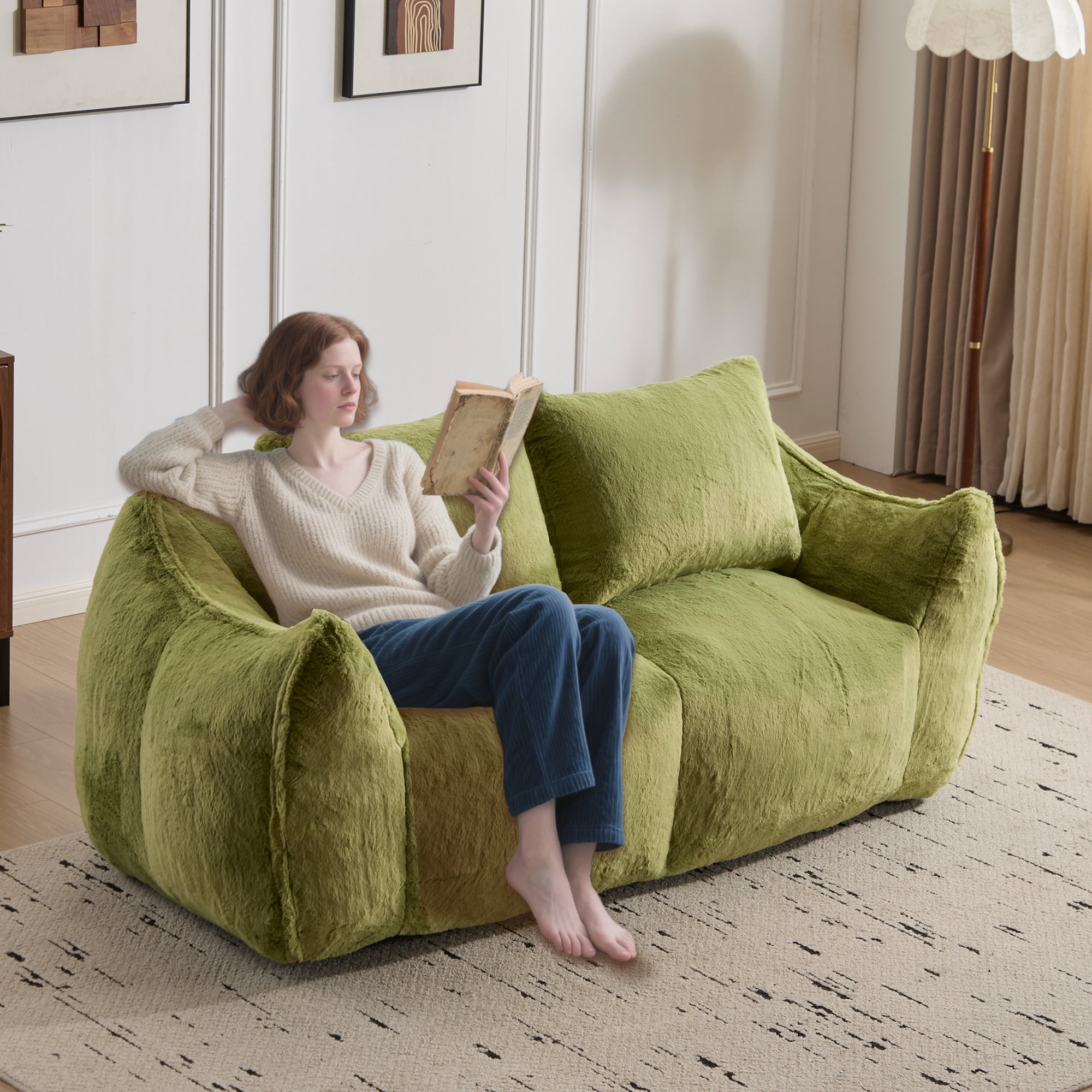 FFH Bean Bag Chair for Adults, 75" Oversized Loveseat Bean Bag Sofa with 2 Pillows, Lazy Sofa Reading Chaise Lounge Couch for Living Room, Bedroom, Green
