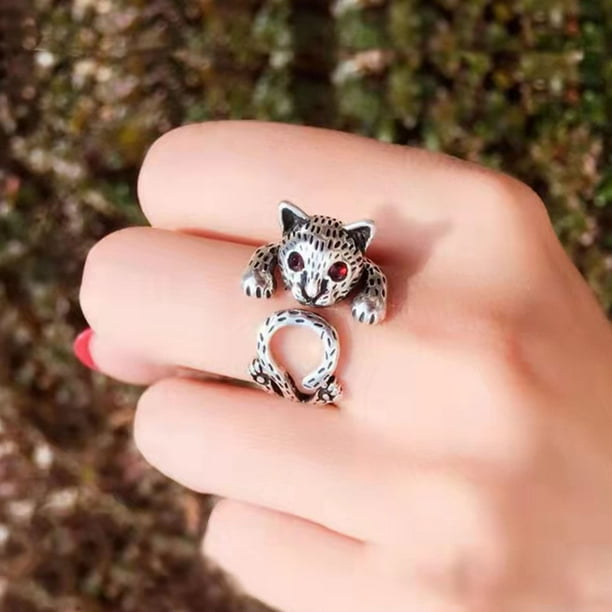 Anillo de gato bonito para mujeres y niñas, anillo abierto ajustable en forma de gatito, anillo de dedo de Animal de gato de cristal encantador, joyería de regalo para mascotas y gatitos