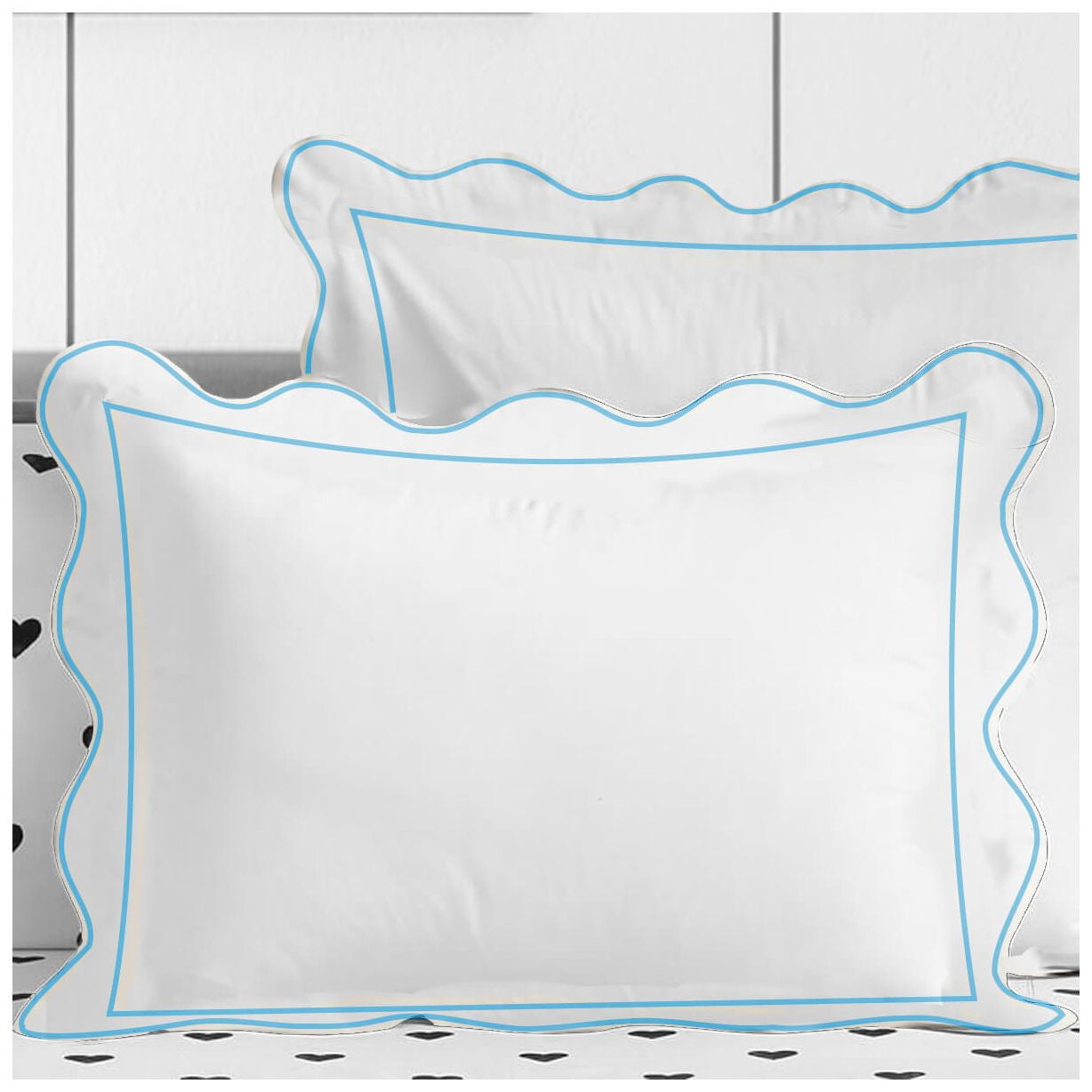 400TC Cotton Scallop Embroidery & Border Sateen Solid Duvet Cover set Full/Queen 88"x88" 1 Duvet cover and 20"×30" 2 Pillow sham, Light Blue Scallop and Border