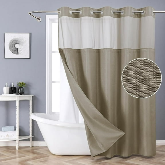Extra Long No Hook Shower Curtain with Snap-in Fabric Liner Set,Slub Textured Fabric Shower Curtains for bathroom,Hotel Style Modern Shower Curtain,Water Repellent,Washable,71x86(84),Tan/Khaki