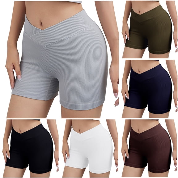 Hrsba Women's Ribbed Yoga Shorts High Stretch V Waist for Exercise Fitness and Daily Wear