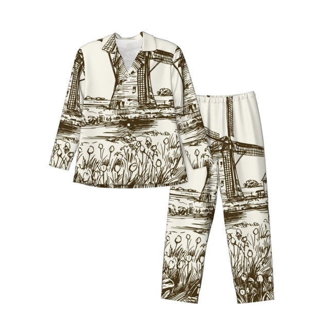 Balery Dutch Windmill Pijama para Hombre de Dos Piezas con Manga Larga, Conjunto de Dormir y Descanso Suave con Bolsillos-Large