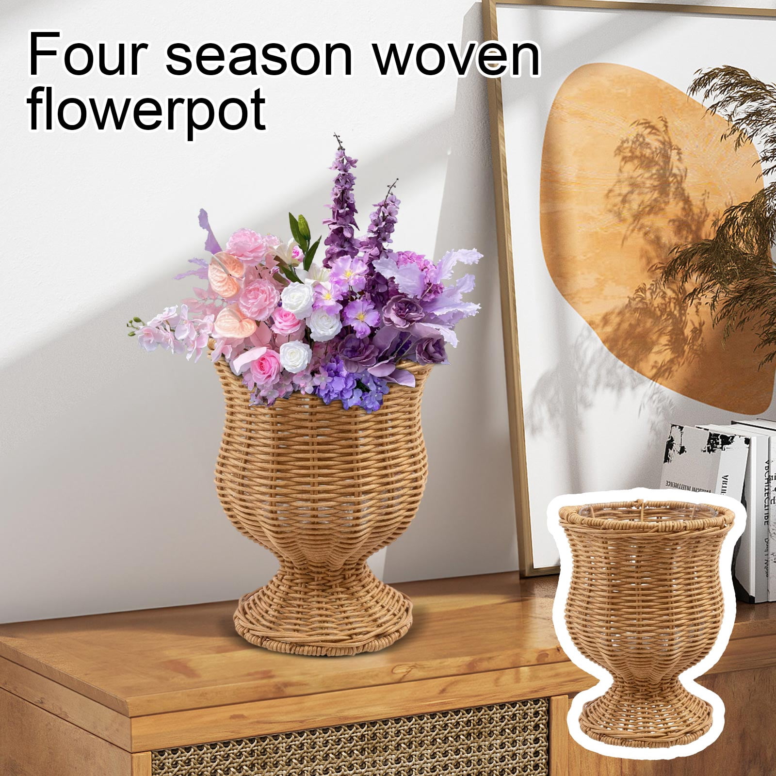 16" Woven Resin Urn Planter, Decorative Rattan-Style Wicker Flower Pot with Waterproof Lining for Indoor Outdoor Home Decor