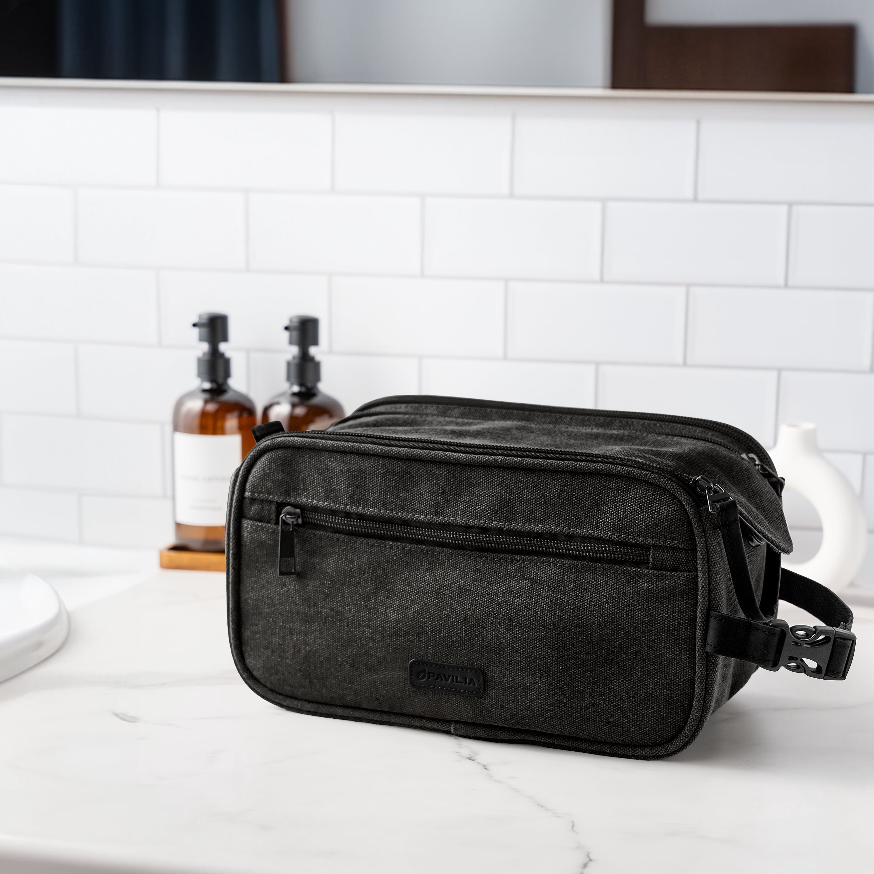 Pavilla Toiletry Bag, Mens Dopp Kit Bag, Canvas Travel Toiletry Bag, Water Resistant Shaving Bathroom Organizer for Travel, Gym, Shower Toiletries Storage for Grooming