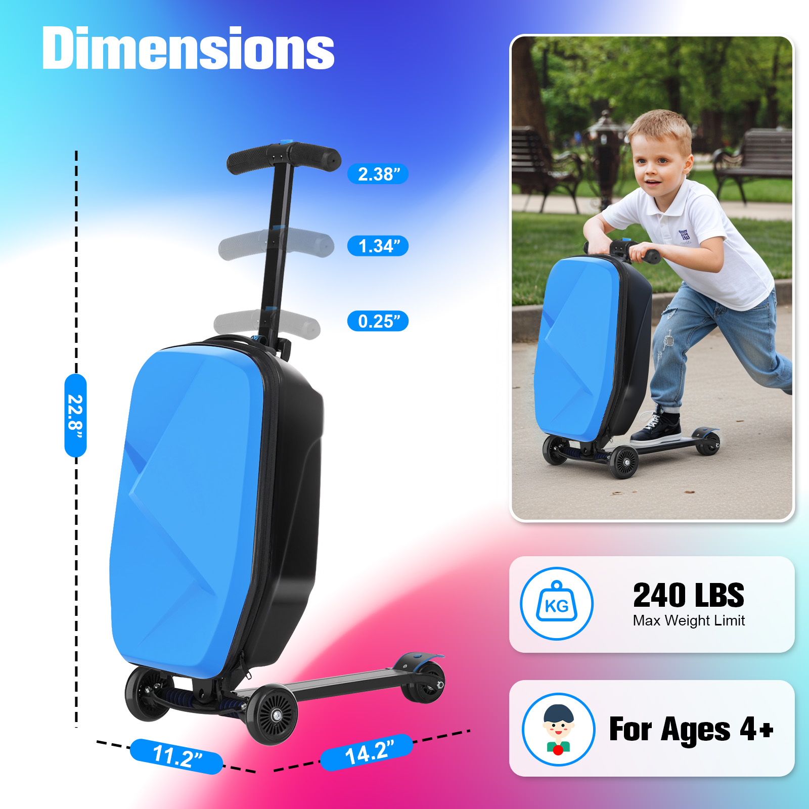 Advwin Scooter Luggage for Kids & Adults, Hardside Ride on Suitcase for Kids Ages 4-15 Multifunctional Lightweight Foldable Carry on Luggage with Wheels Ride on for Children Teenagers, Light Blue