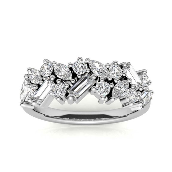 Auory Multi Cut Moissanite Half Eternity Ring - Bridal Wedding Band for Women 18K White Gold Plated Over Silver