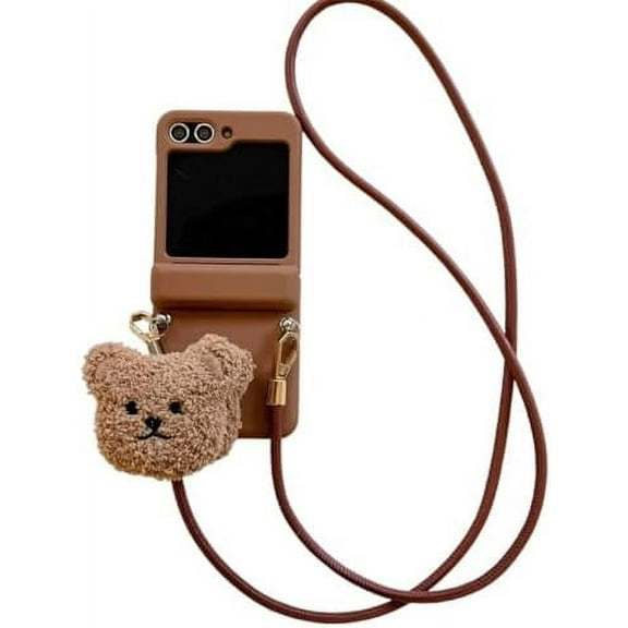 for Galaxy Z Flip 6 Cute Fuzzy Bear Crossbody Lanyard Phone Case, Elegant Woman Protective Kawaii Bear Design Slim Shockproof Cover Phone Cases (Brown,Flip 5)