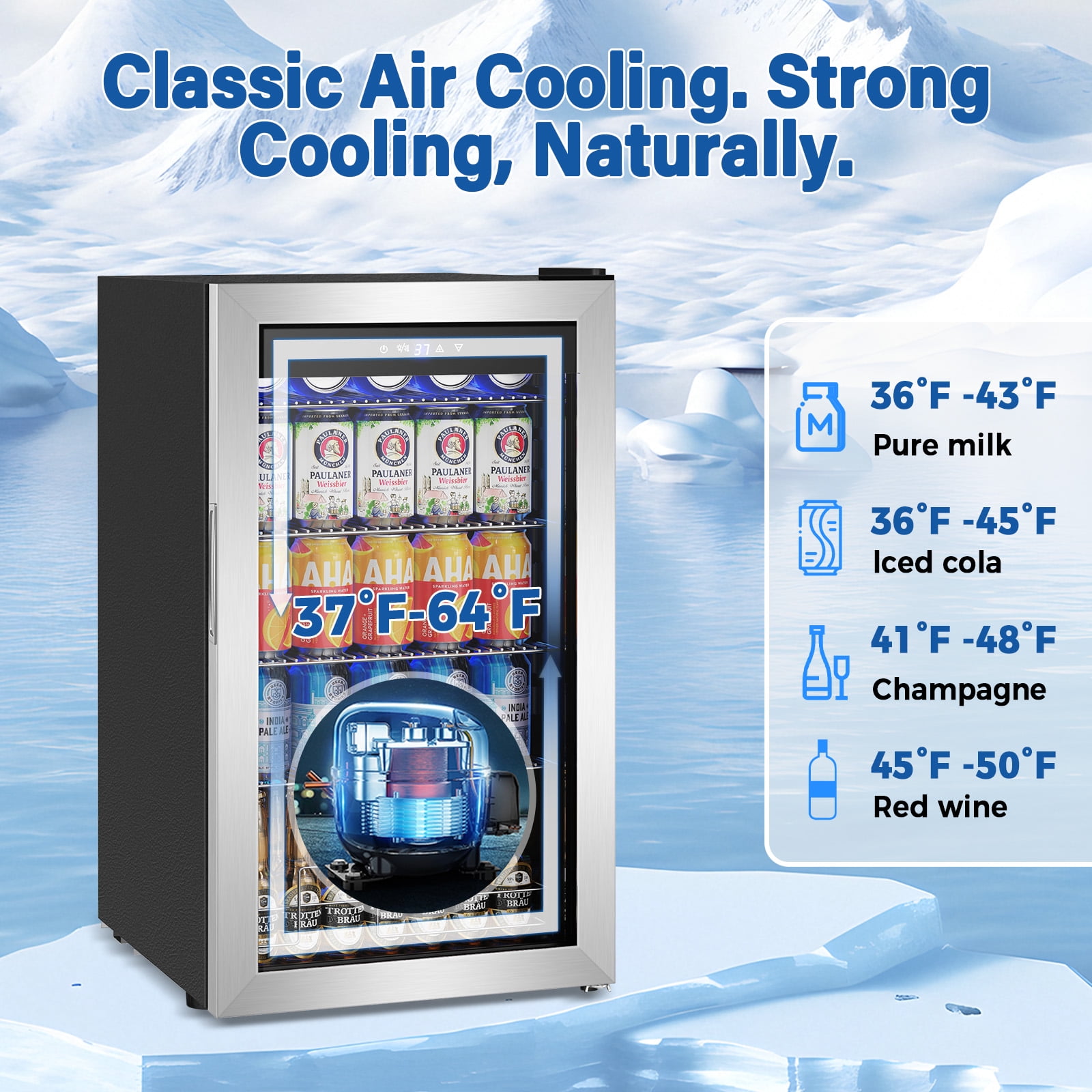 Nipus 17.52 inch Beverage Refrigerator Cooler,130 Cans Capacity  Mini Fridge with Glass Door for Soda Wine Beer, with Adjustable Removable Shelves, Silver