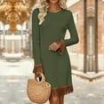 thumbnail image 4 of Ygbgbb Women’s Fashion Fringe Hem Long Sleeve Dresses Cozy Solid Crew Neck Knit Dresses Casual Nightclub Party Mini Dress Army Green M, 4 of 6
