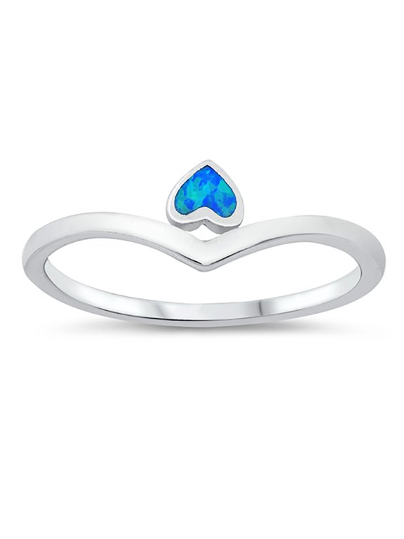 Blue Simulated Opal Upside Down Heart Ring Sterling Silver Size 7
