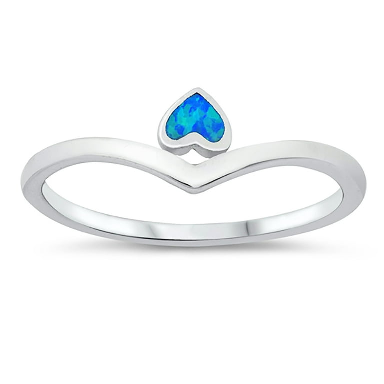 Blue Simulated Opal Upside Down Heart Ring Sterling Silver Size 10, Women's