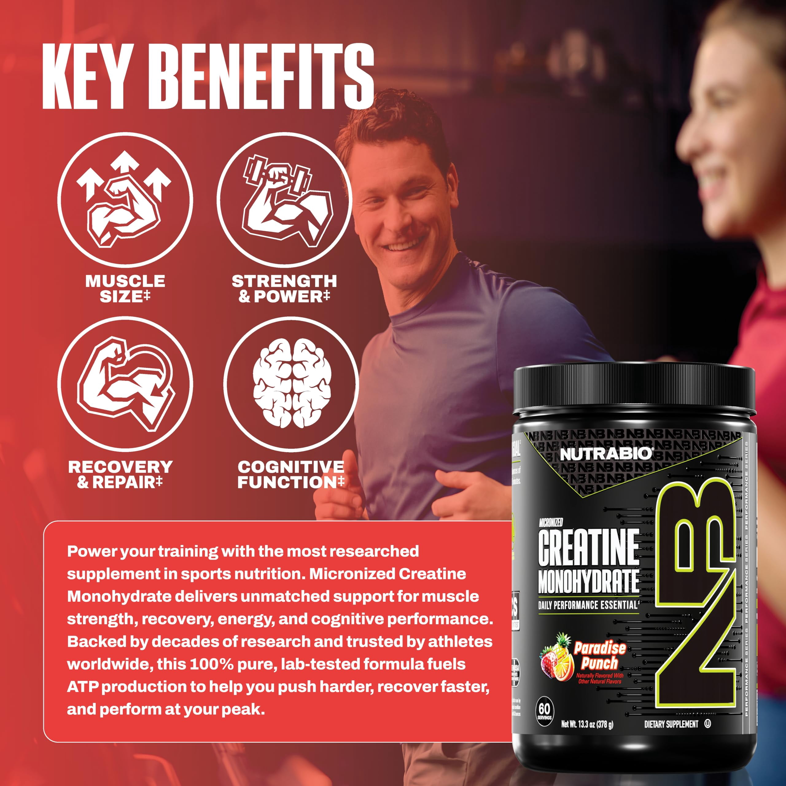 NutraBio Pure Creatine Monohydrate Powder Supplement, Paradise Punch (300 g) - Supports Bulk Muscle Energy, Recovery, and Strength - HPLC Tested Pure Grade Creatine Powder Supplement for Men and Wome