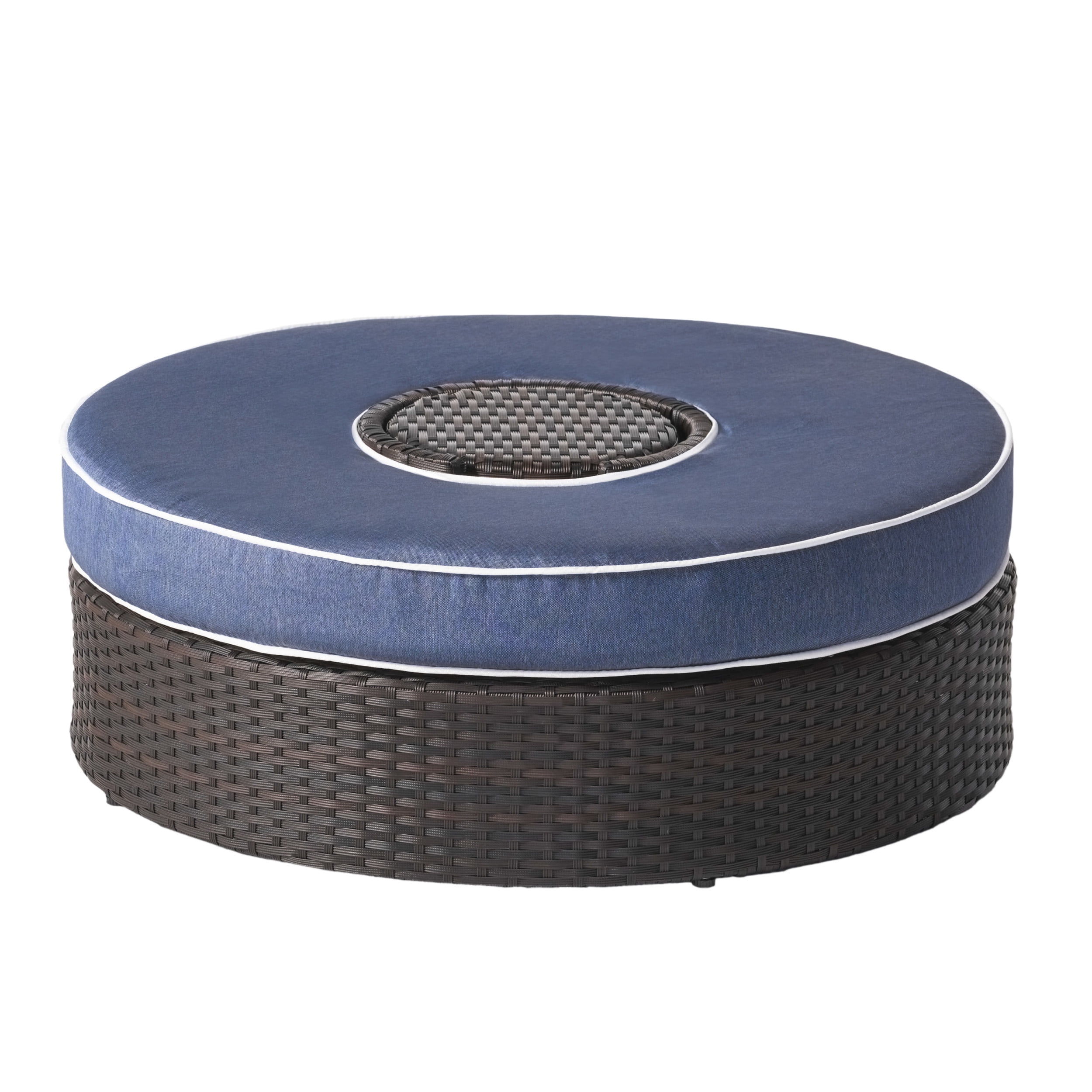 Navagio Wicker Outdoor Ottoman with Ice Bucket, Brown and Navy Blue