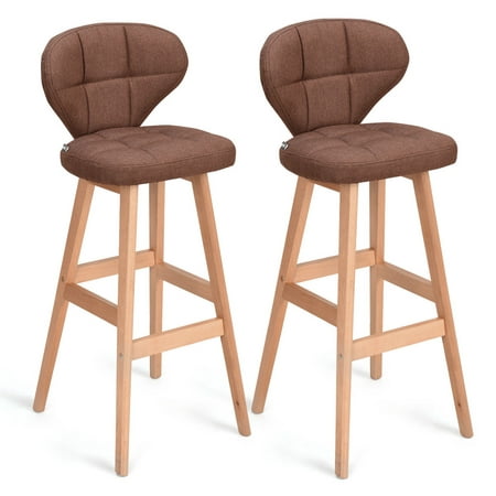 Gymax Set of 2 Bar Stools Pub Chair Fabric w/Wood Legs Backrest Home Furniture