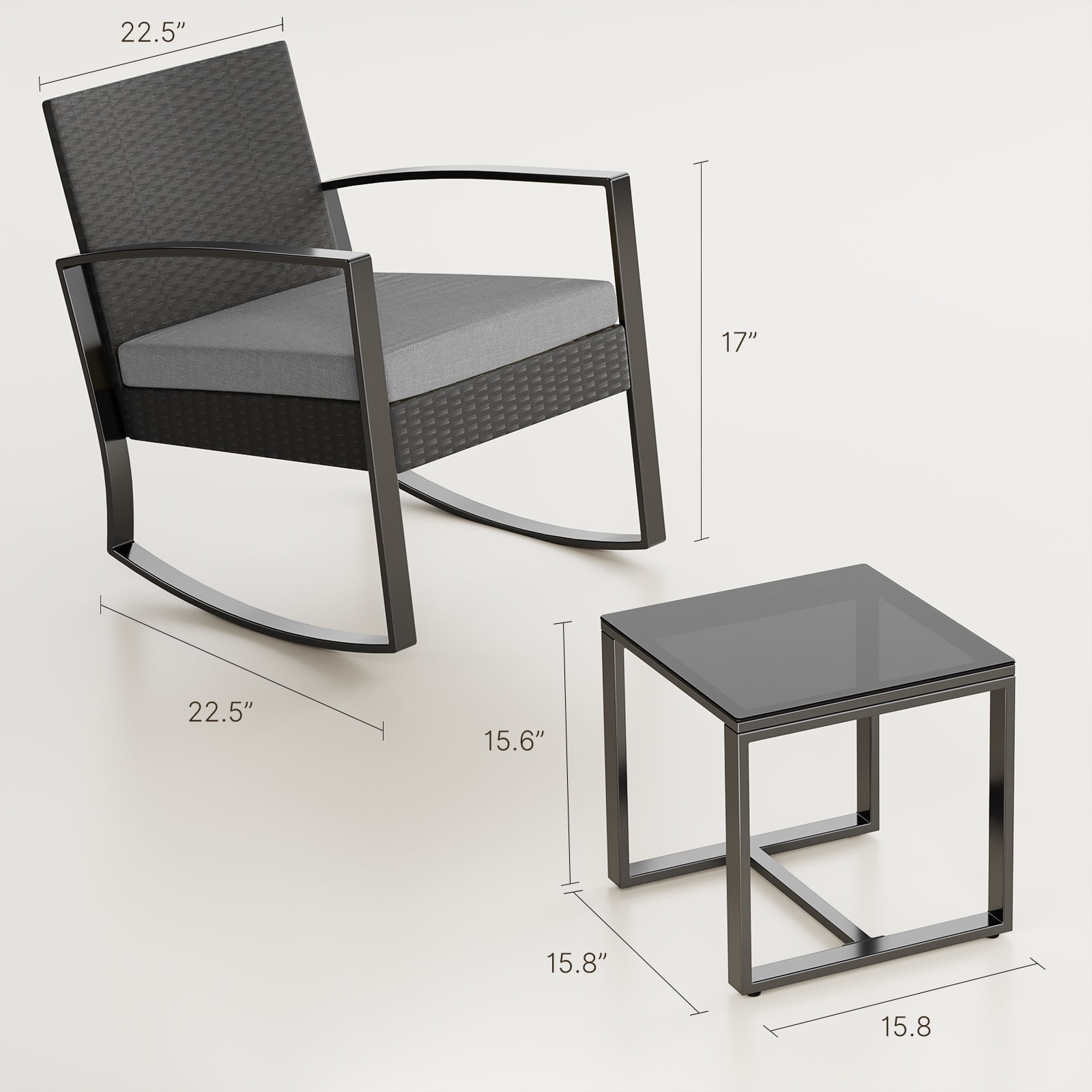 Lofka 3-Piece Patio Furniture Set, Outdoor Rocking Chairs with Thickened Cushions and Coffee Table for Garden, Balcony, Camping, Gray