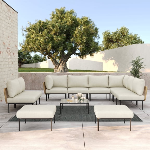 LayinSun 11 Pieces Aluminum Patio Furniture Set, Modern Modular Sectional Sofa with Coffee Table and Upgrade Thickness Cushion