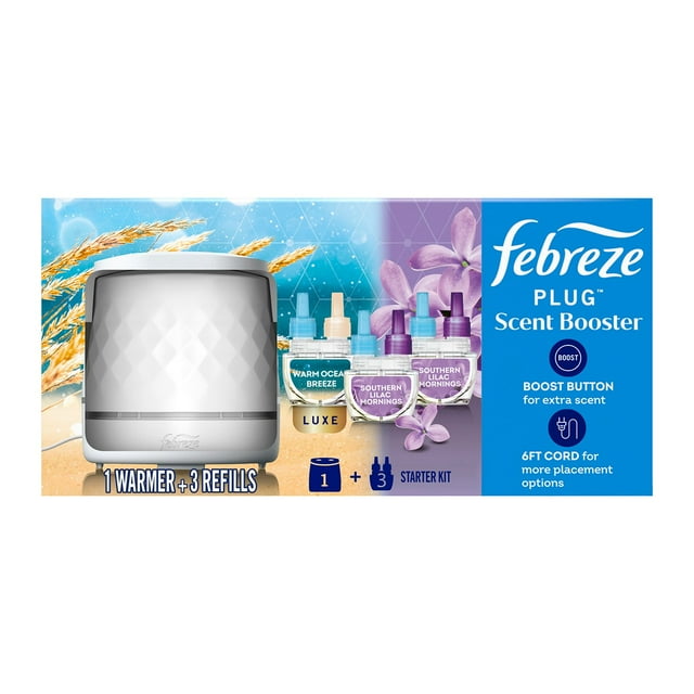 Febreze PLUG Scented Oil Starter Kit, Warmer + 2 Southern Lilac Mornings + 1 Warm Ocean Breeze Refills