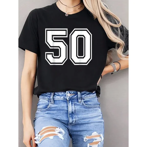 Retro 50th Birthday Varsity Number 50 Black T-Shirt, Funny Milestone Anniversary Graphic Tee, Comfortable Casual Short Sleeve Cotton Blend Top for Women