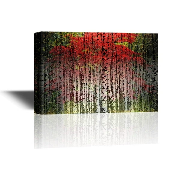 wall26 - Canvas Wall Art - Abstract Colorful Birch Tree Forest with Red and Yellow Brushwork - Gallery Wrap Modern Home Art | Ready to Hang - 32x48 inches