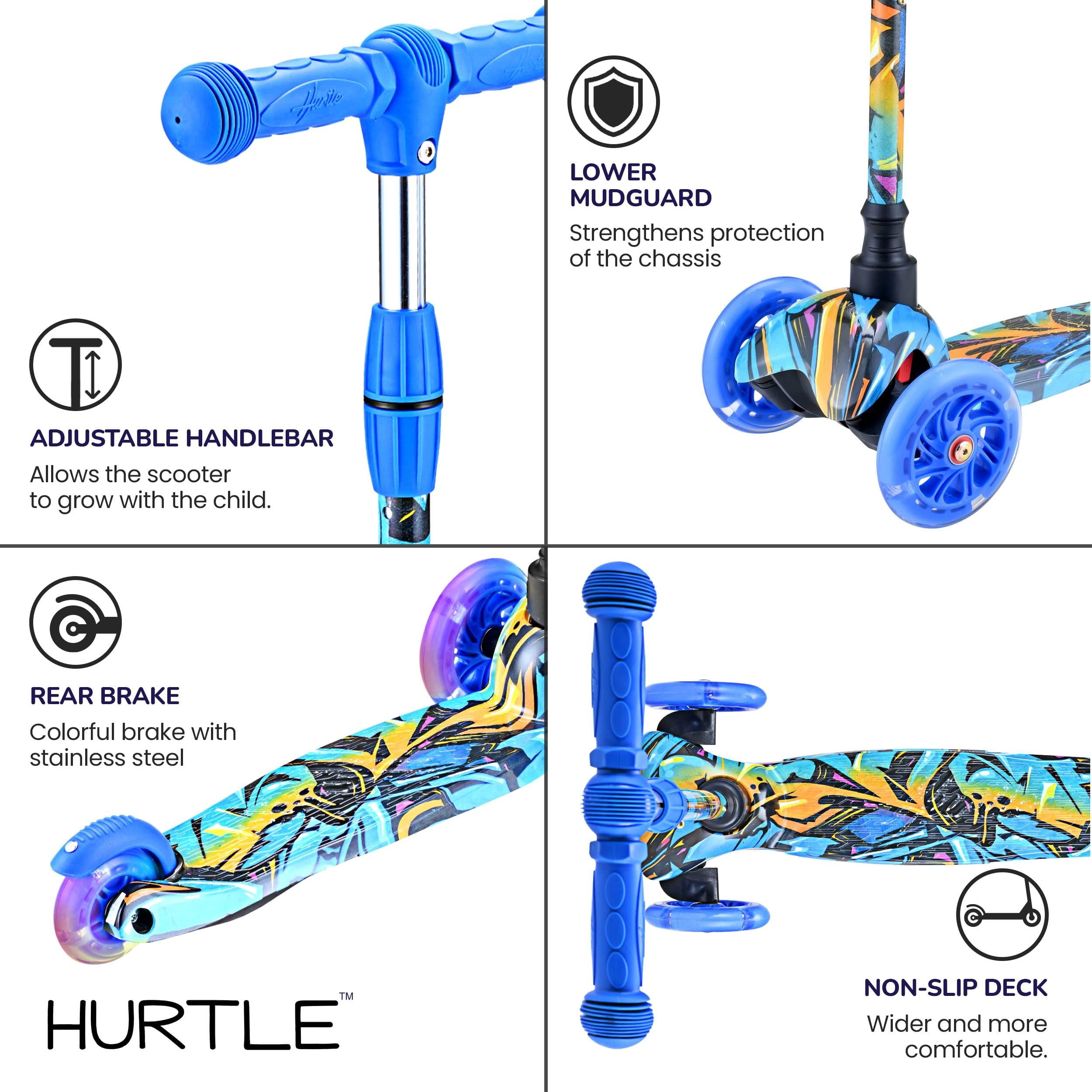 Hurtle Mini Kickboard Scooter for Kids  Height Adjustable 25-28 Inches, 3-Wheel Toddler Micro Scooter with LED Light-up Wheels, Lightweight Riding Toy, Non-Slip, Indoor/Outdoor Fun, Ages 2-5 Black