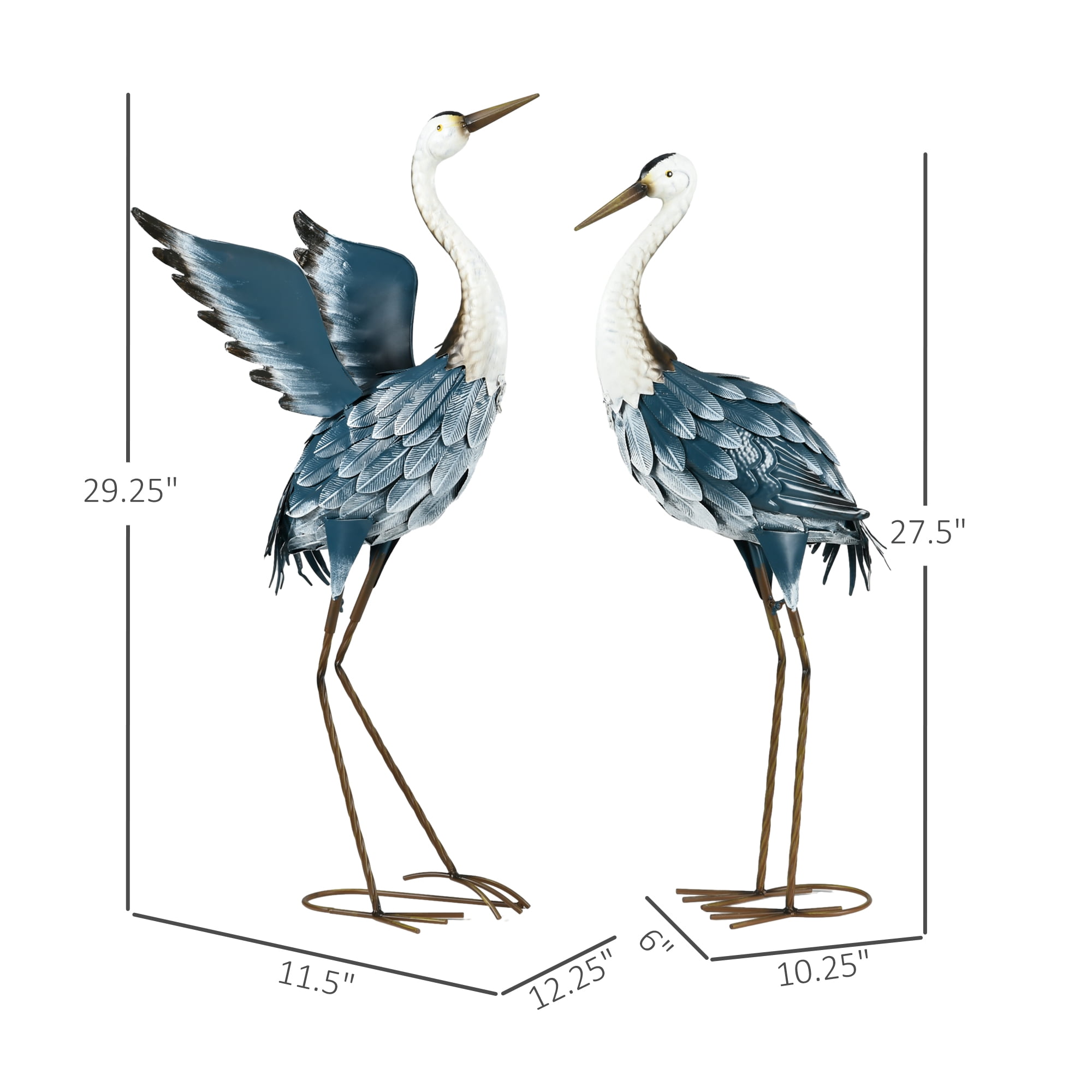Outsunny Heron Garden Statues, 29" & 27.5" Standing Bird Sculptures, Metal Yard Art Decor, Landscape Decoration Set of 2, Blue & White