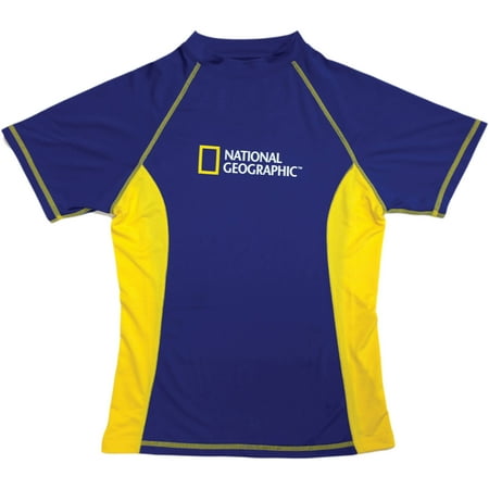 Blue National Guard National Geographic Snorkeler Short Sleeve Rash Guard Ladies, 50+ UV Protection, Anti-Bacterial Fast Dry Moisture Wicking 90/10 Poly/Spandex Blend, Tapered Fit ()