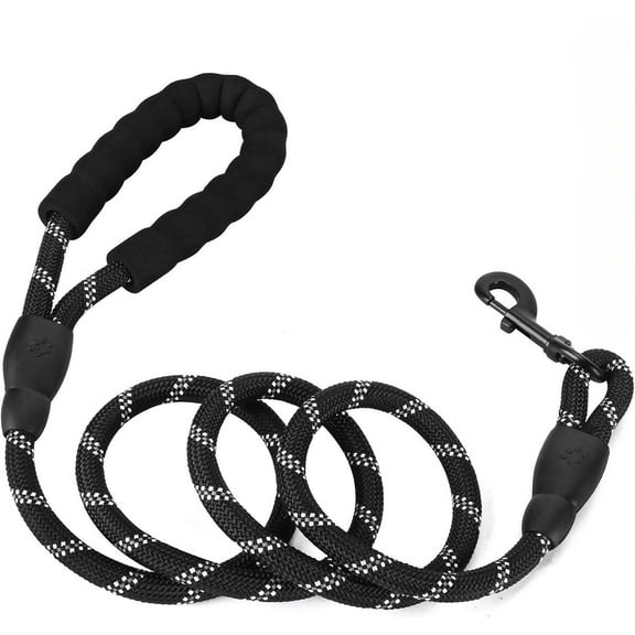 Rope Dog Leash 5 FT with Comfortable Padded Handle, Highly Reflective Threads Dog Leash for Medium Large Dogs, 1/2 inch, Black