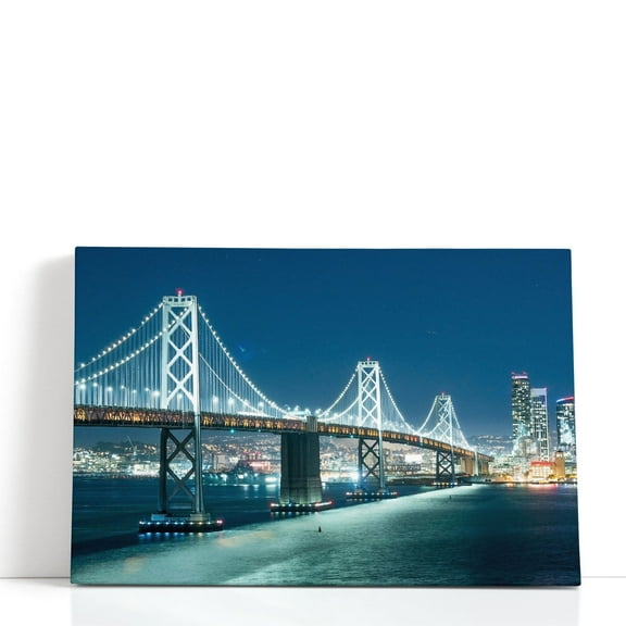 Oakland Bay Bridge in California at Night - Wrapped Canvas Print Wall Art | 18" W x 12" H