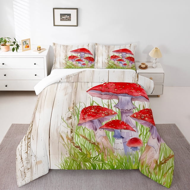 Erosebridal Red Mushroom Comforter Sets Queen Size,Rustic Cabin Bedding Queen Comforter Set,Breathable Bedding Sets Queen with Comforter,Botanical Decor