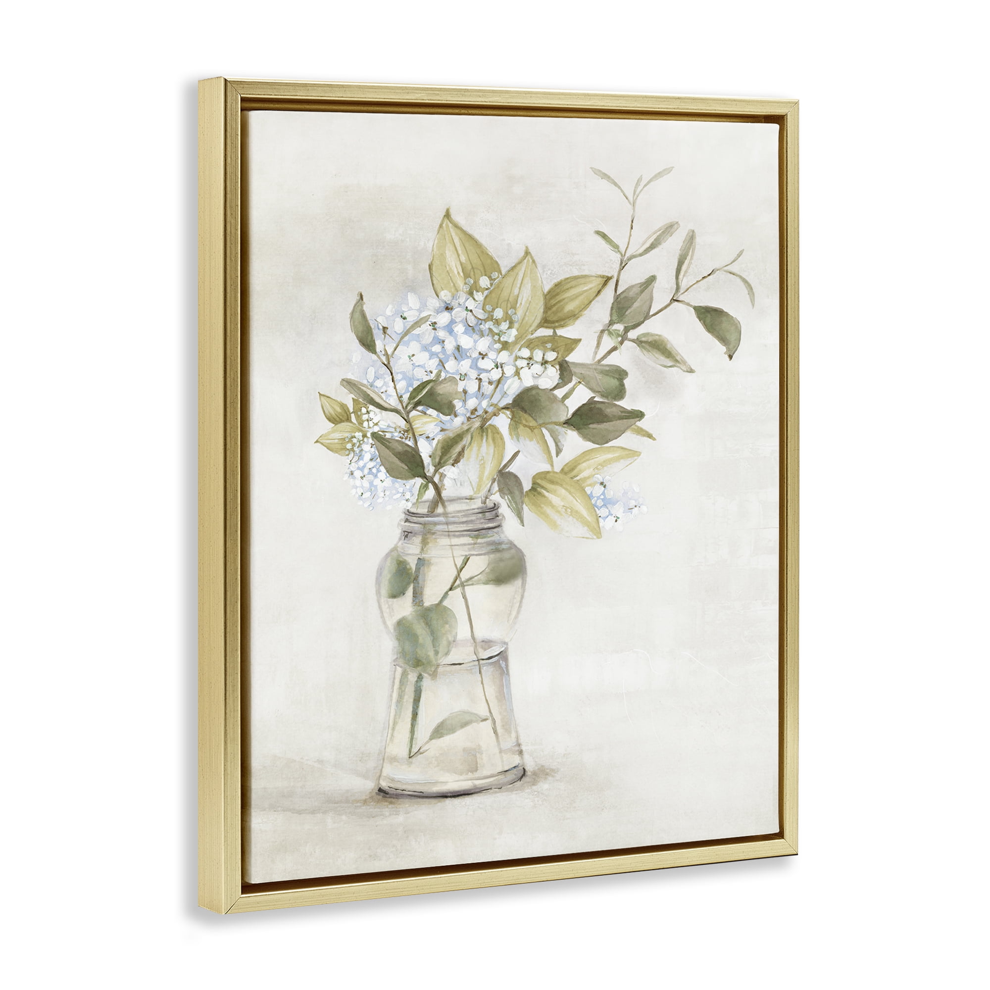 Stupell Industries Soft Cottage Blooms Vase Plants & Flowers Painting Gold Floater Framed Canvas Art Print Wall Art, 17 x 21