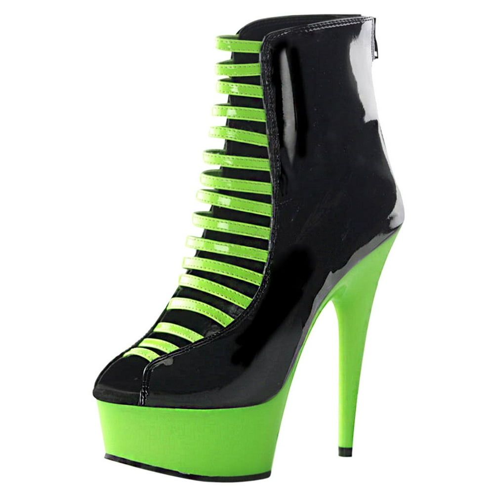 SummitFashions - Black Patent Boots with UV Reactive Lime Green Straps ...