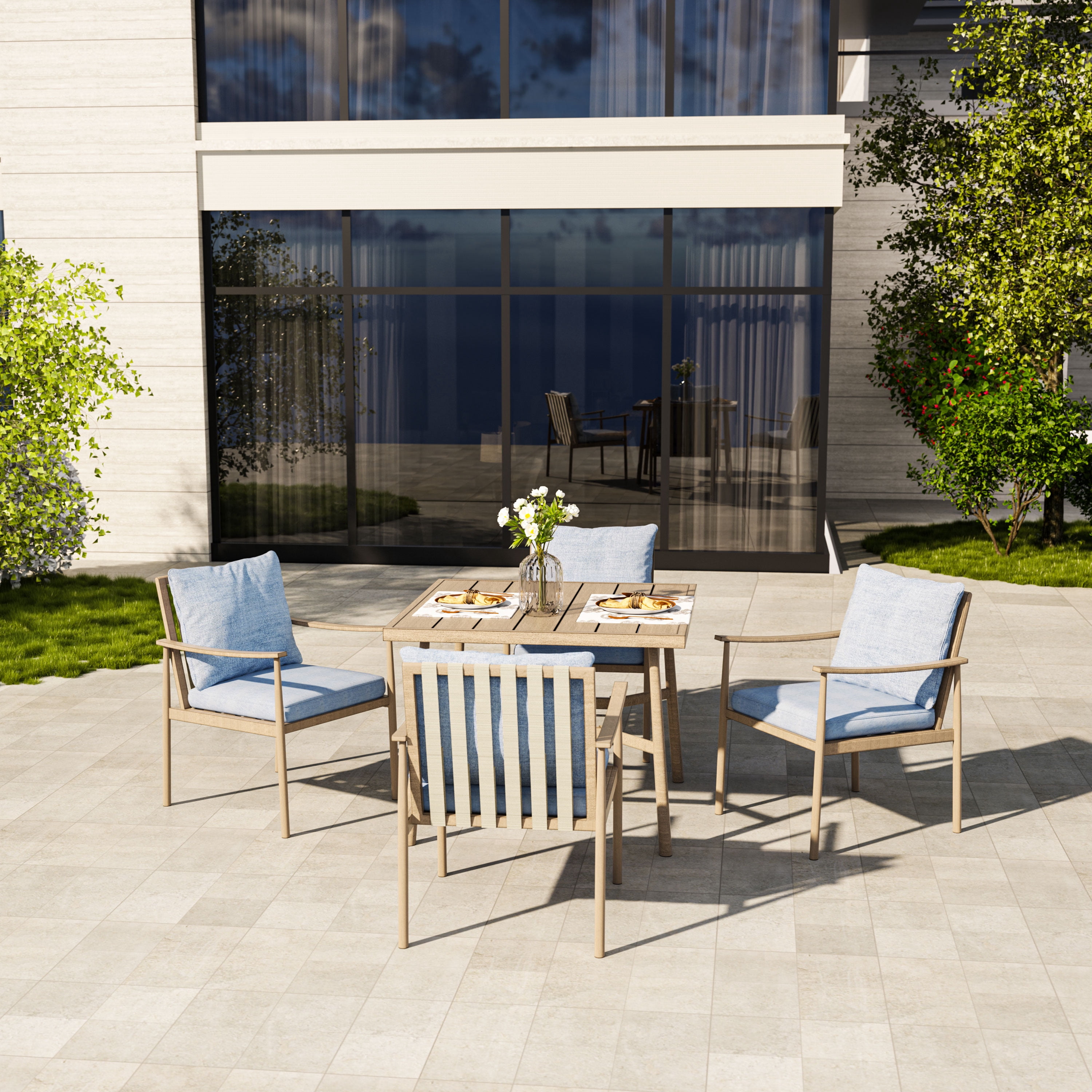 HAPPATIO 5-Piece Outdoor Dining Set for 4, Aluminum Patio Dining Set Includes 1 Large Square Table with Umbrella Hole and 4 Dining Chairs, Patio Furniture Set for Lawn, Porch, or Backyard (Brown)