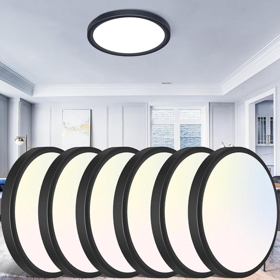 PLUHKN-12 inch Flush Mount LED Ceiling Light Fixture, 3000K 4000K 6500K Adjustable, 28W 3200lm Black Round Lighting Fixtures for Bathroom Shower Hallway Kitchen, 6 Pack